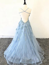 Scoop Neck Light Blue Backless Lace Evening Prom Dresses, Scoop Neck Blue Lace Formal Evening Dresses